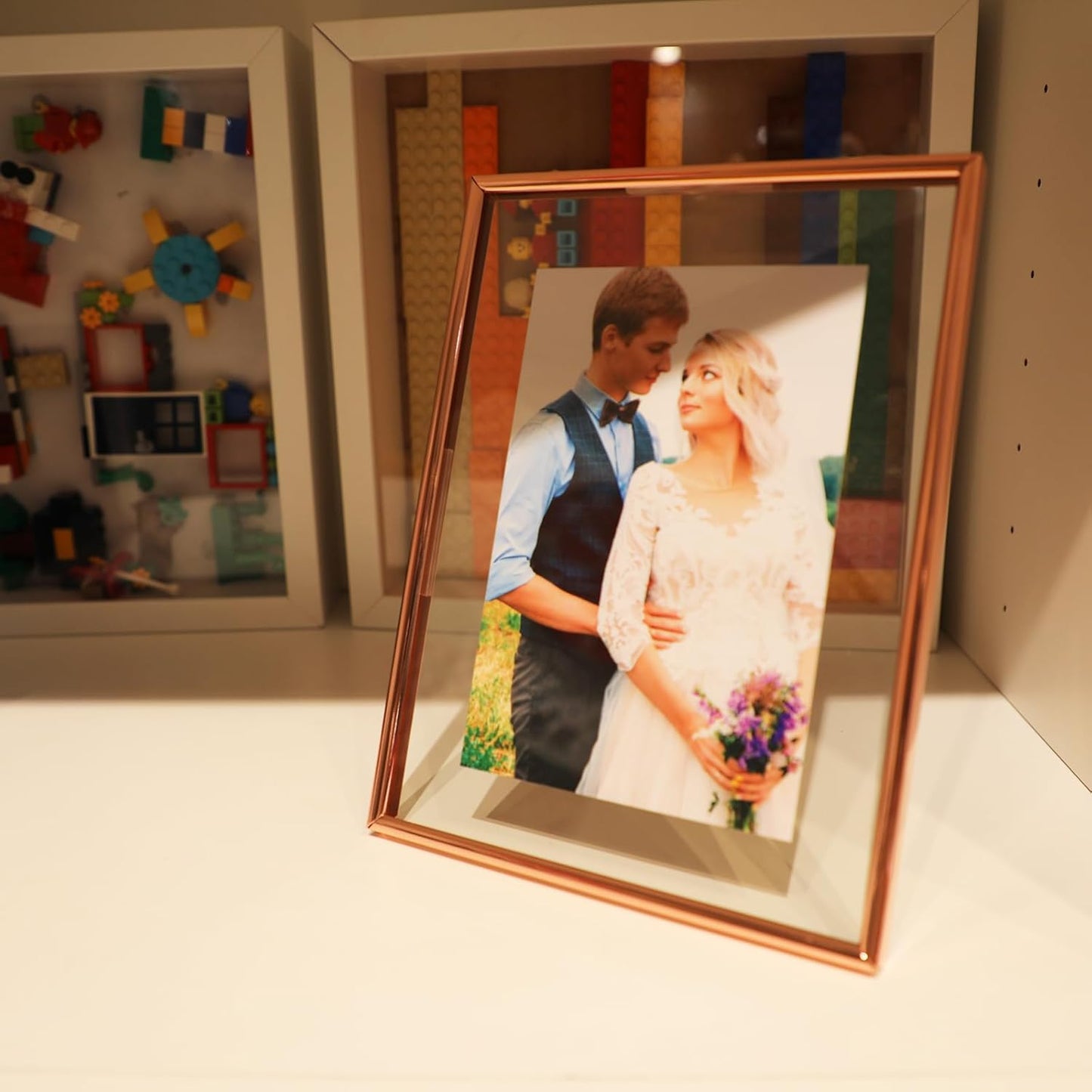 6"x8" Rose Gold Heart Floating Frame, For Picture 5x7,4x6,3x5, Tabletop Shelf Photo Frame, Classy For Thanksgiving, Home or Wedding Decoration