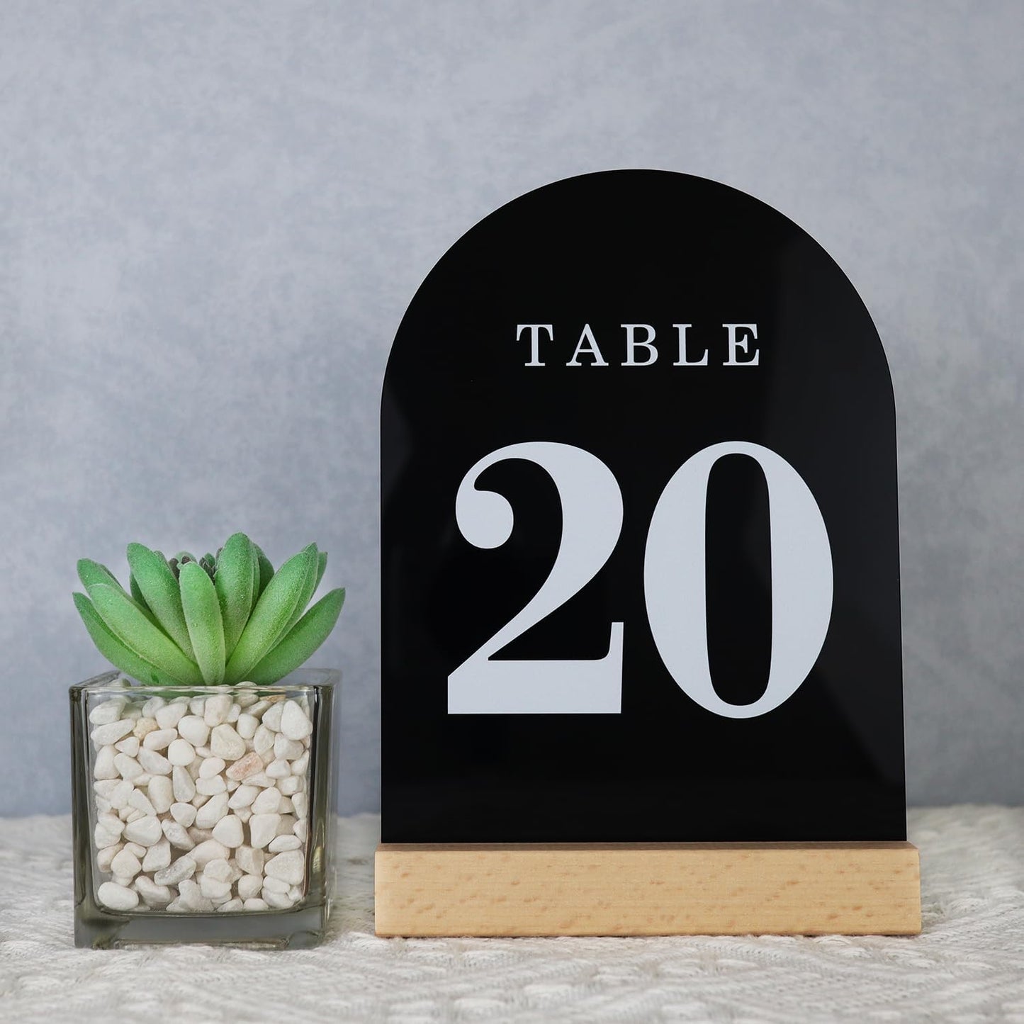 Wedding Table Numbers 1-20, Acrylic Arch Signs with Natural Wood Stands Holders, Rustic Table Decor for Reception & Parties (Black White)