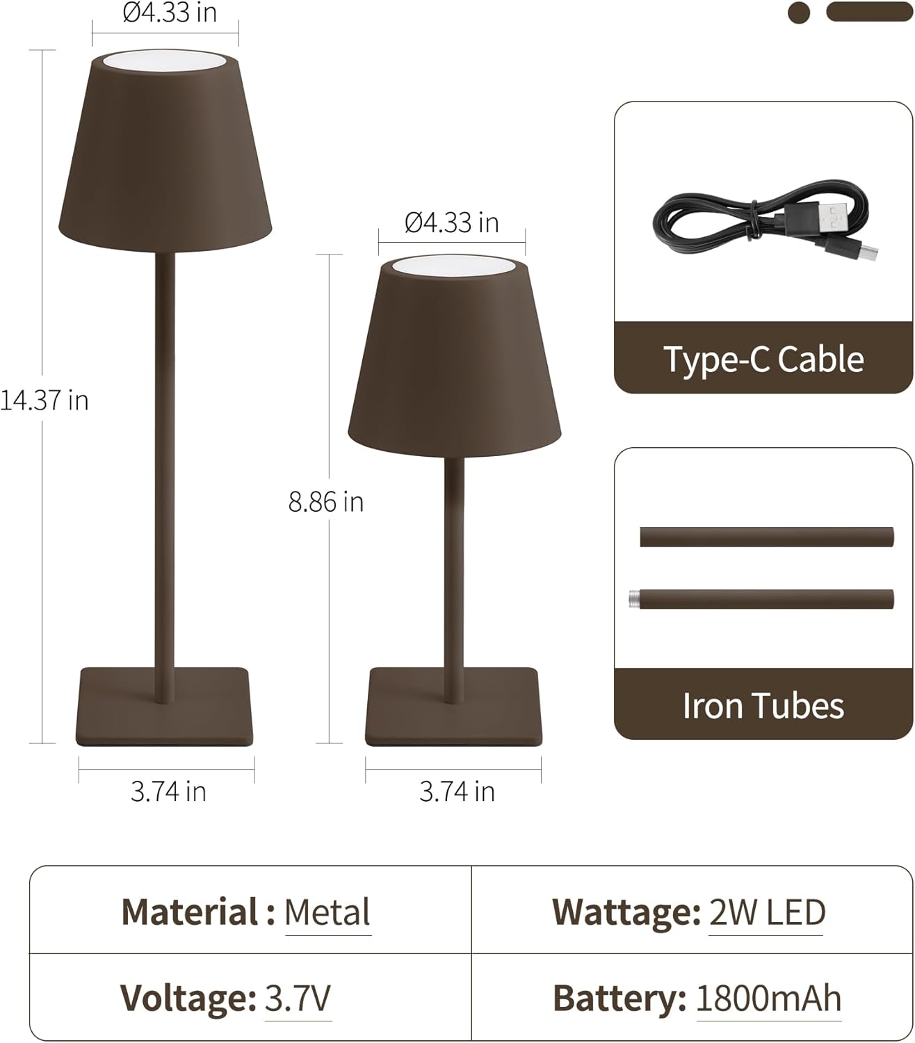 UME 3 Pack Cordless Table Lamp, Battery Operated Lamp - Portable Waterproof Rechargeable Table Lamp w/ 3 Color Temps & Stepless Dimming for Dinner, Desk, Cafe, Outdoor (Matte Brown)
