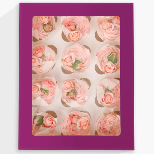 12 Cupcake Containers 10-Packs Deep Purple Cupcake Box Cupcakes Carrier, 12 Cupcake Boxes with Window 13"x10"x3.5"（Auto-pop up）