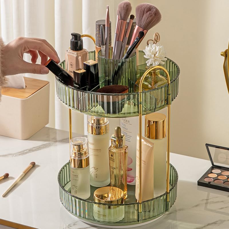 Aveniee Rotating Makeup Organizer for Vanity, Upagraded Perfume Skincare Bathroom Counter Organizers with Brush Divider, 2 Tier Spinning Lipstick Cosmetic Lotion Storage,Green - Image 4