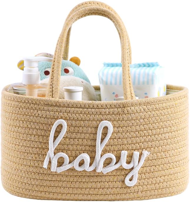 Baby Diaper Caddy Organizer, Nursery Storage Bin Basket for Baby Shower and Baby Wipes- Cotton Rope Portable Diaper Bag for Changing Table, Newborn Essentials Gift-Tan by ZOMBATI