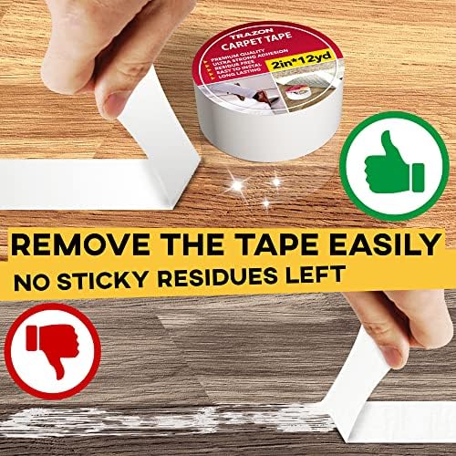 Carpet Tape Double Sided - Rug Tape Grippers for Hardwood Floors and Area Rugs - Carpet Binding Tape Strong Adhesive and Removable, Heavy Duty Stickers Grip Tape, Residue Free (2 Inch / 12 Yards) - Image 4