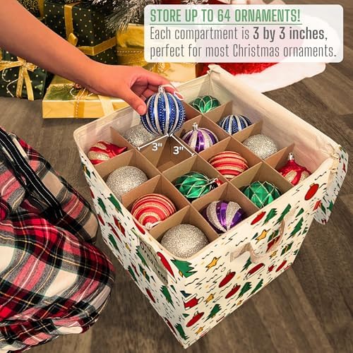 VENO 2 Pack Christmas Ornament Storage Box, Holiday Ornament Organizer with Adjustable Dividers, Sturdy Storage Containers for 64 Ornaments, Zippered Lid & Handles, 3" Cube (Jingle Mix) - Image 3