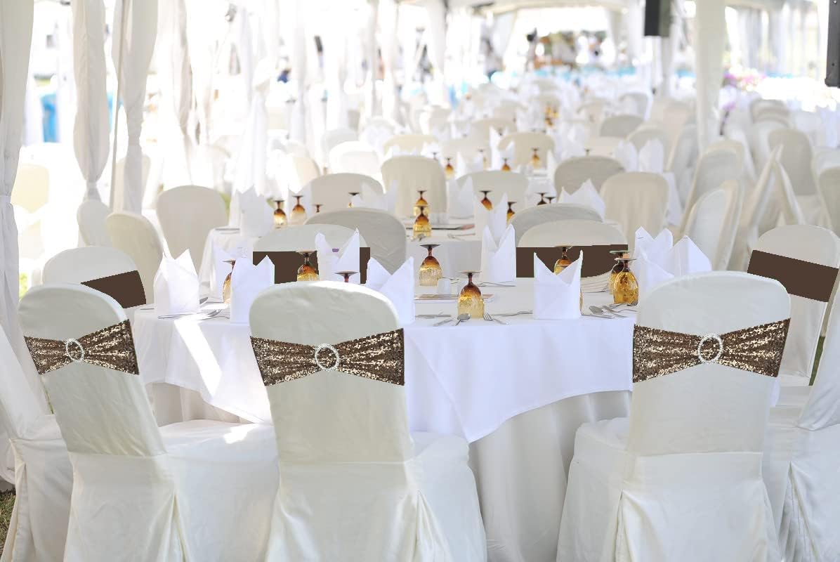 25 Pcs Chair Sashes Sequin Stretch Chair Bands Spandex Polyester Bows for Party Hotel Wedding Banquets Decoration - Coffee
