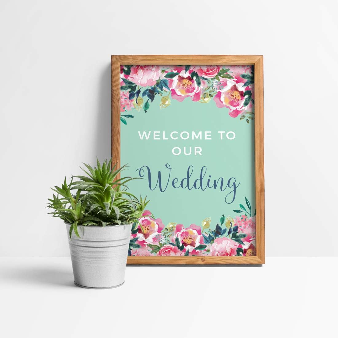 Andaz Press Extra Large Wedding Easel Board Party Sign, 12x18-inch, Tea Party Pink Peonies on Mint Green, Welcome to Our Wedding, 1-Pack