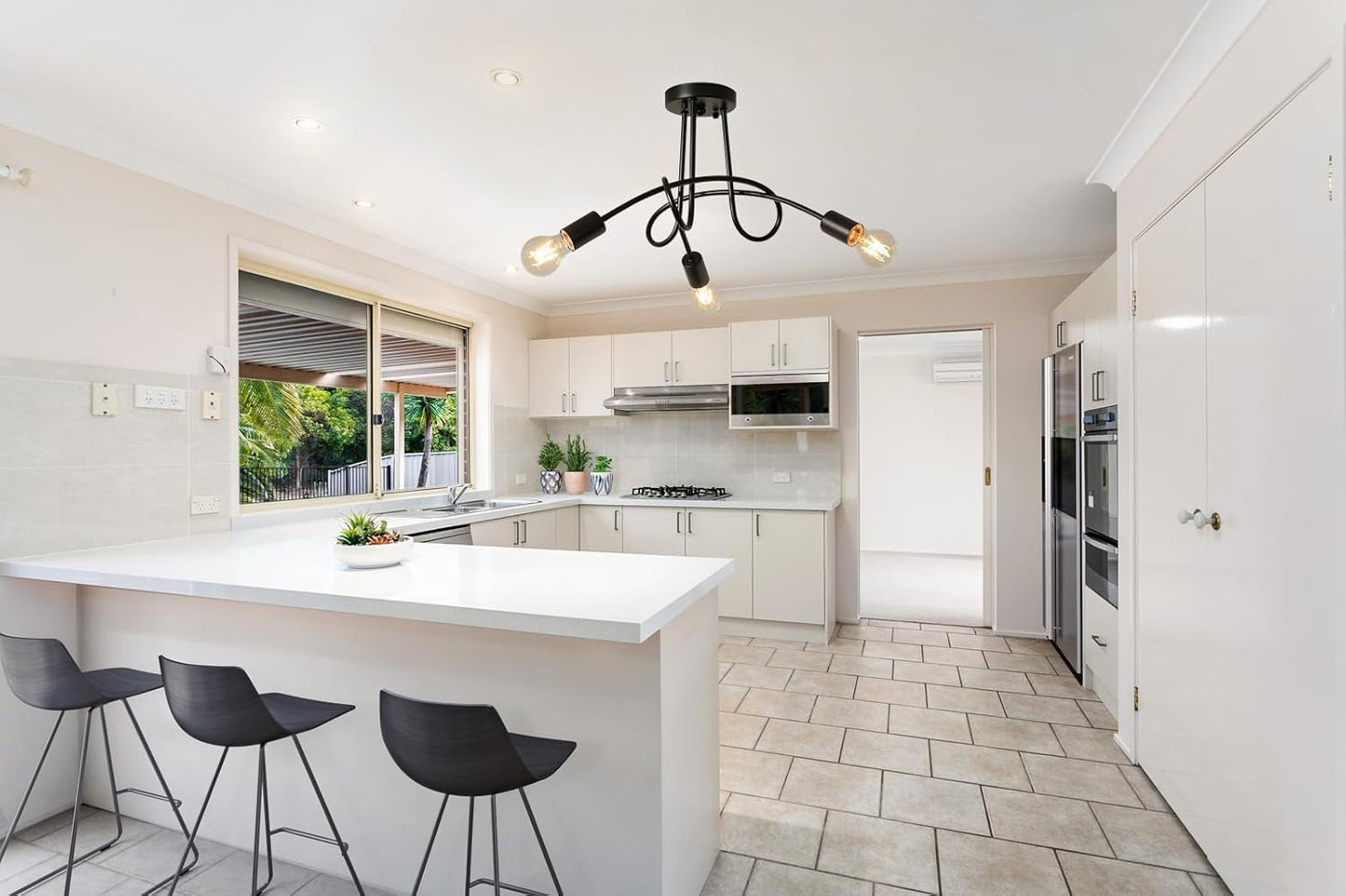 Modern Farmhouse Chandelier,22 Inch Black Metal Spiral Rustic Vintage Semi Flush Mounted Ceiling Light Fixture for Dining Room Bedroom Kitchen Island Hallway Foyer Entryway(3-Light)