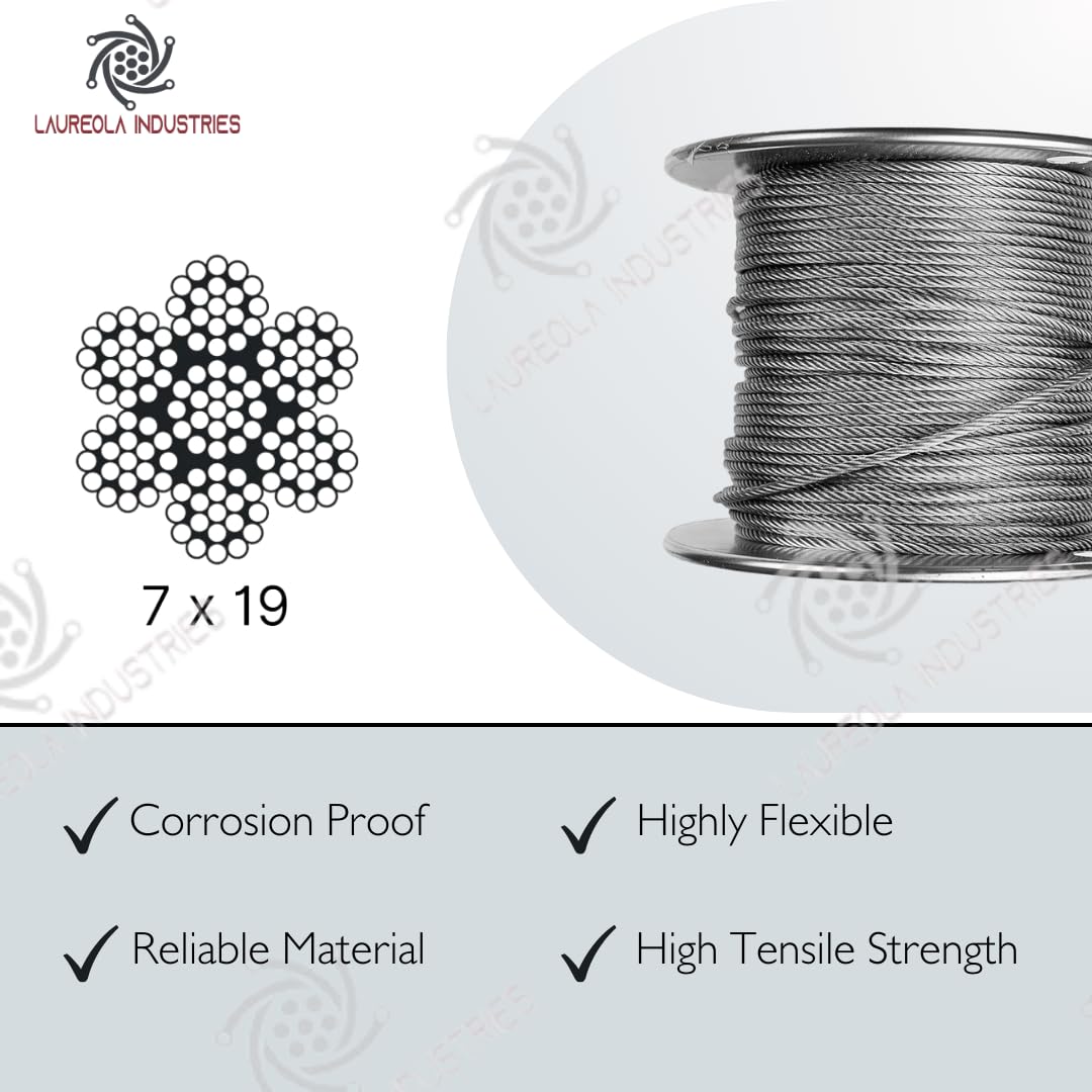 Laureola 1/8" 7x19 Stainless Steel Aircraft Wire Rope 304 Grade (200ft)