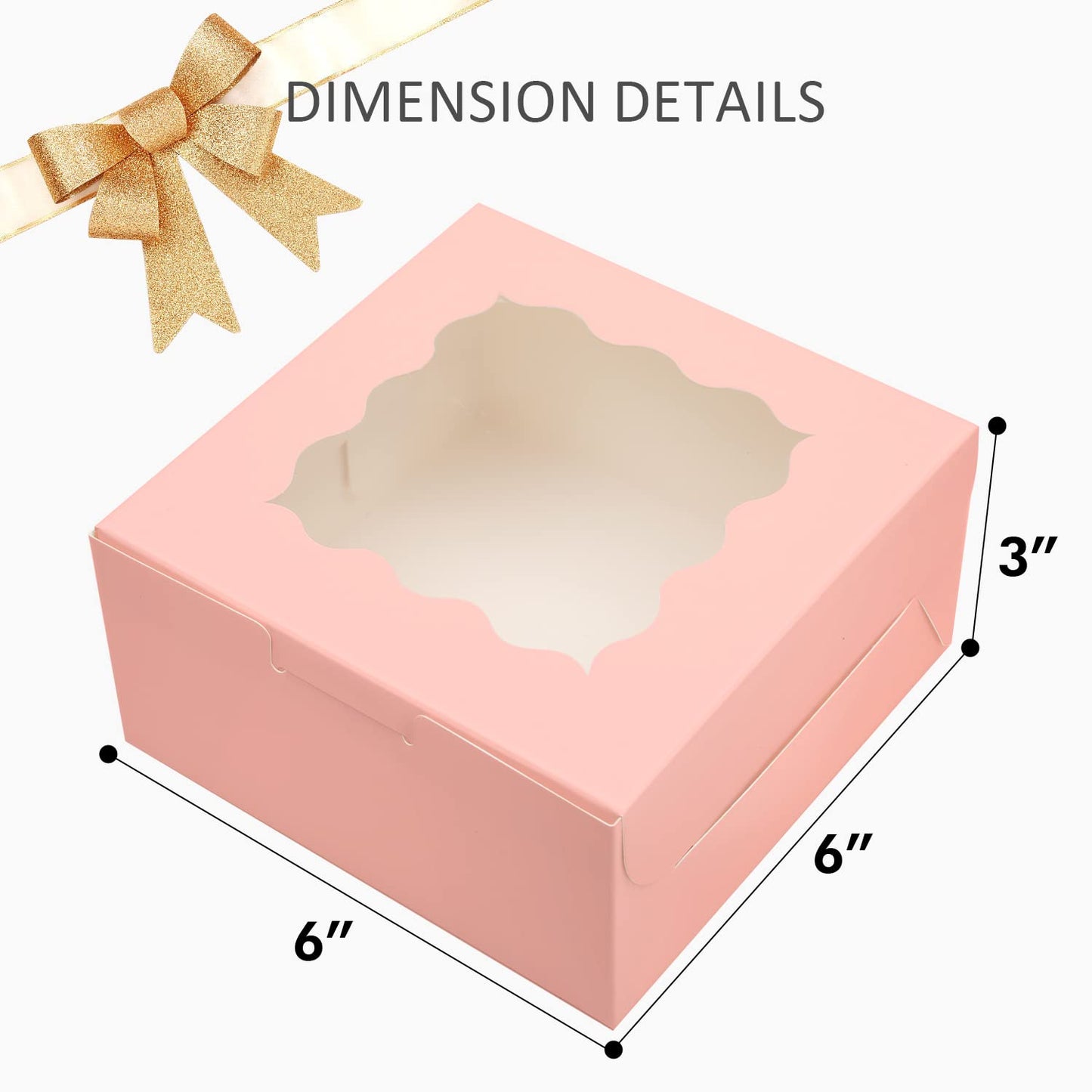 Bakepacker Pink Bakery Boxes with Window 6x6x3 inches Thick & Sturdy Macaroon Pastry Boxes Cookie Boxes for Bakerys（60-Packs）