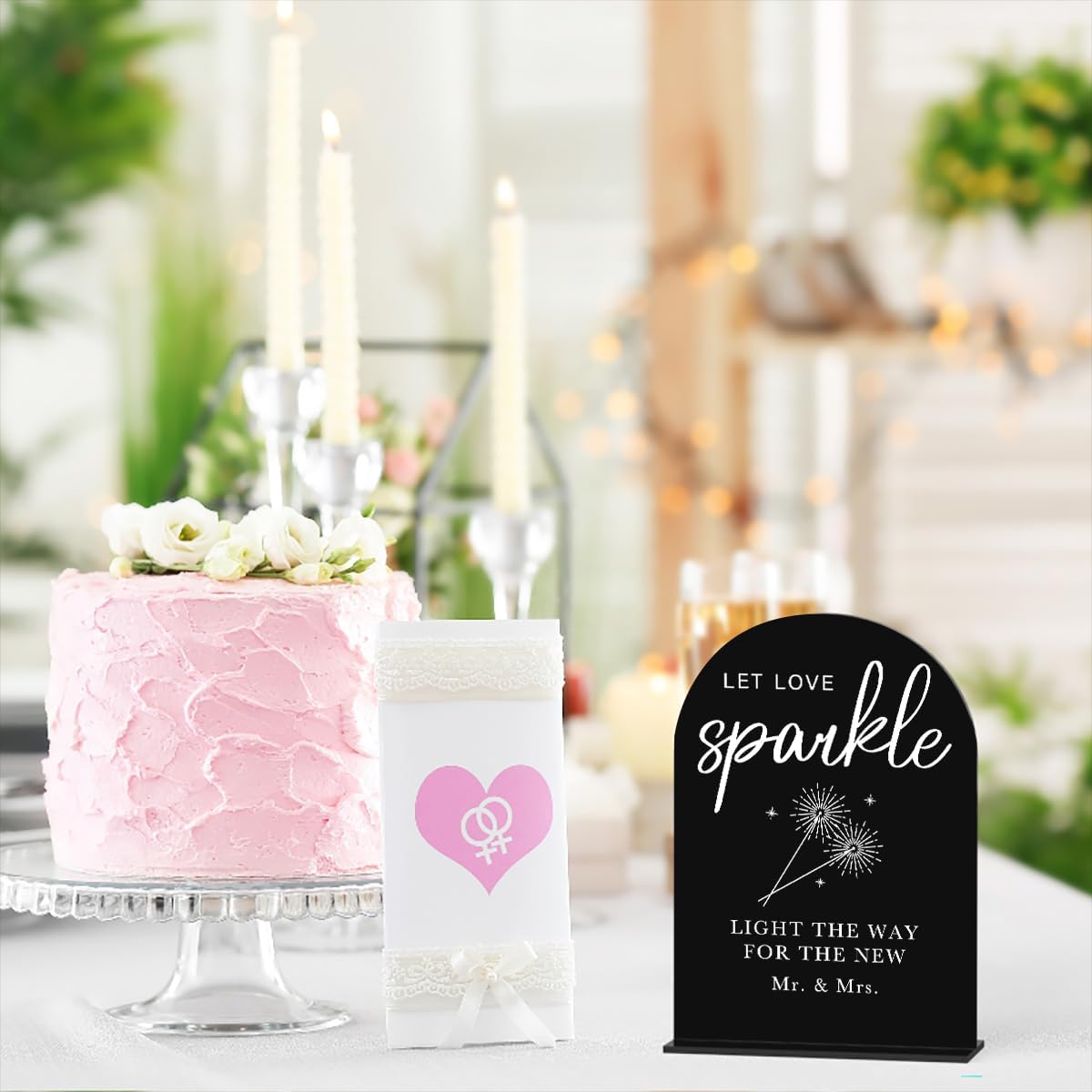 KongMoTree Acrylic Wedding Sign - Modern Minimalist 'Let Love Sparkle' Tabletop Arch Sign for Wedding Ceremony & Reception, Black, 5x7 inch