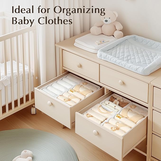 DIMJ Drawer Organizers Clothes, Set of 16 Dresser Organizer Bins, Fabric Closet Organizers and Storage, Shallow Drawer Dividers for Nursery, Clothing, Baby Clothes, Socks, Underwears, Tie (White) - Image 5