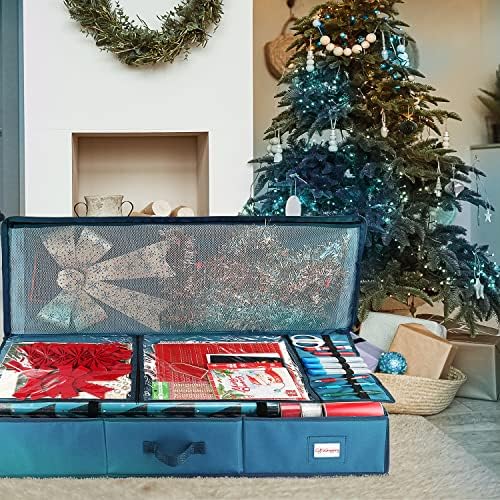 Hearth & Harbor Wrapping Paper Storage Container - Christmas Storage Bag with Ribbon Dispenser and Interior Pockets - Gift Wrap Organizer Fits Up to 26 Rolls of 40" Length, Blue, Large (Pack of 4) - Image 5