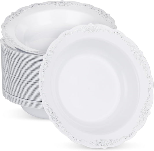 50 Pack White Plastic Bowls with Silver Rim, 12oz Plastic Salad Bowl, Disposable Bowls for Party, Dinners, Weddings, Christmas, Thanksgiving