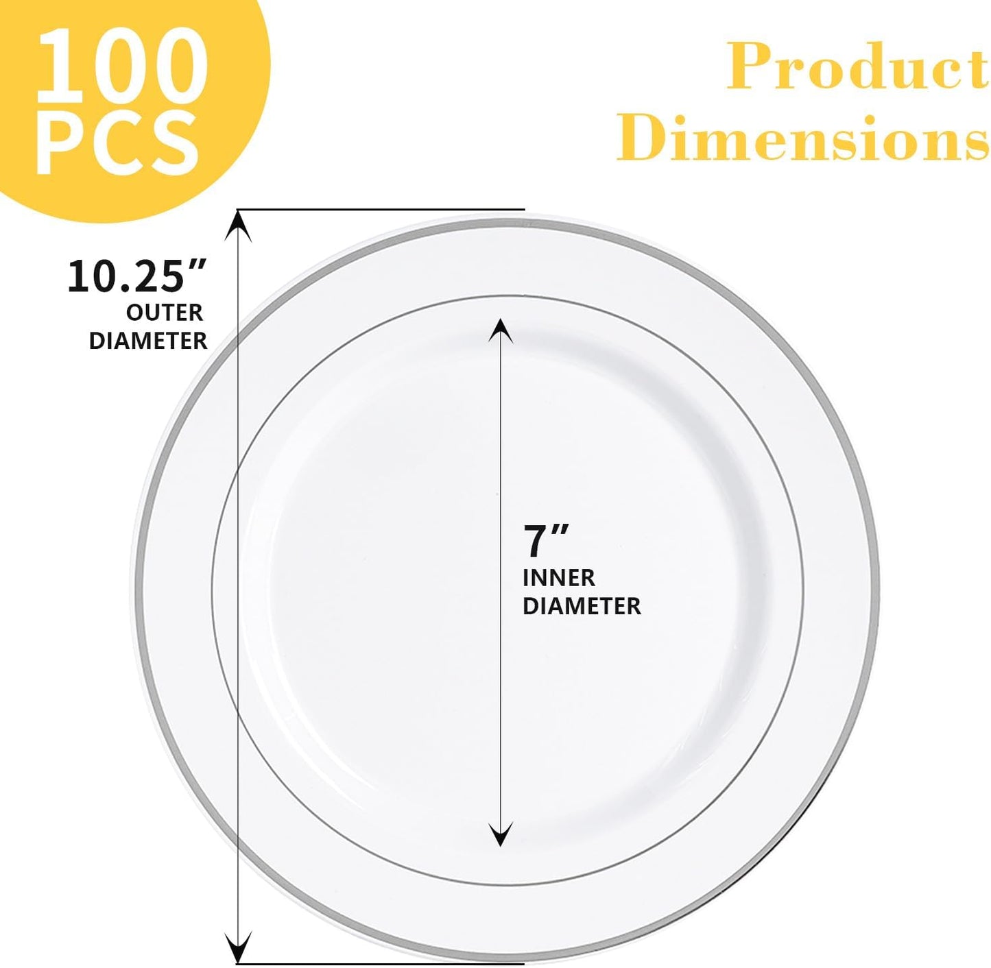 N9R 100PCS Silver Plastic Plates, 10.25 inch White Disposable Dinner Plate with Silver Rim, Heavy Duty Plates for Party, Wedding and Birthday