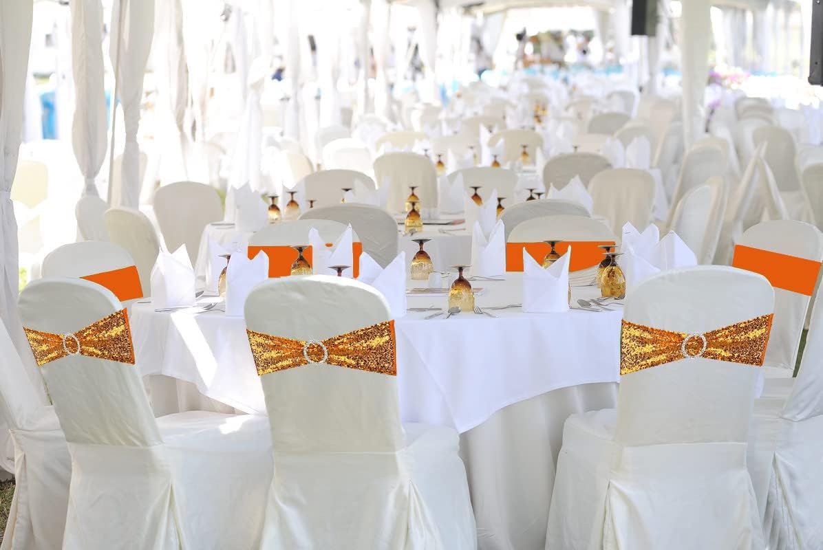 Chair Sashes Sequin Stretch Chair Bands Spandex Polyester Bows for Party Hotel Wedding Banquets Decoration - 6 Pcs Orange
