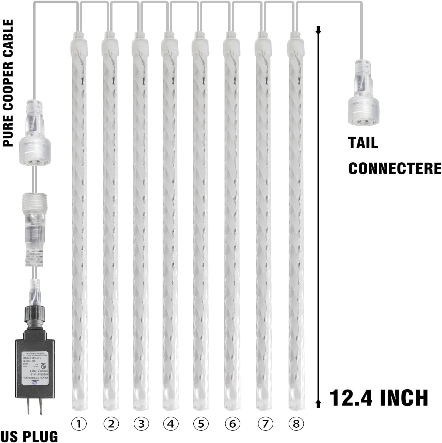 Dazzle Bright Christmas Lights Outdoor, 288LED Meteor Shower Rain Lights 12 Inch 8 Tubes, Waterproof Plug in Falling Icicle Light Christmas Decorations for Xmas Tree Yard House Decor (White)