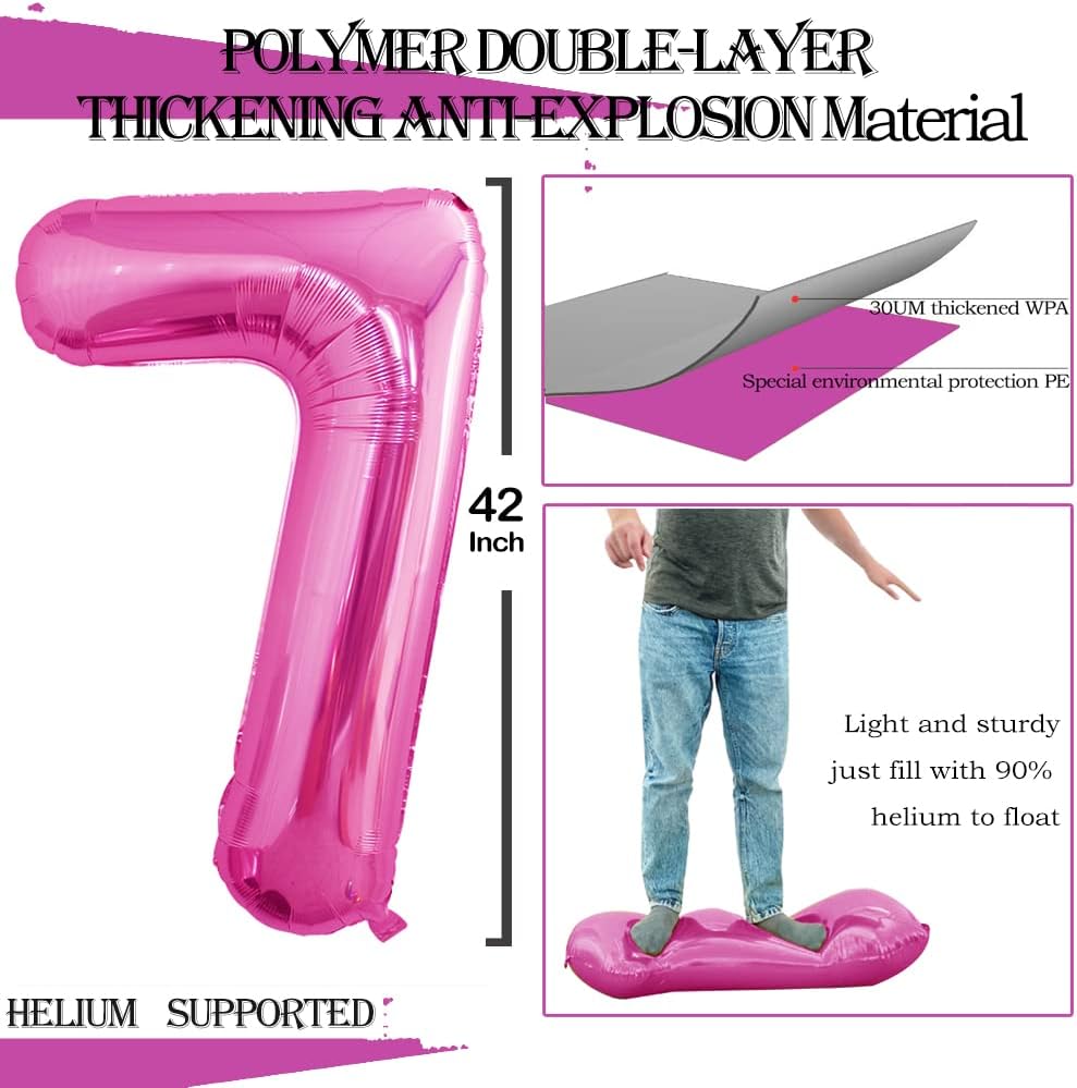 GOER Pink Foil Balloons Number 7,Huge Number Balloons for 7th 77th Birthday Party Supplies Anniversary Decorations(3 pcs,42 inch,32 inc,16inch)