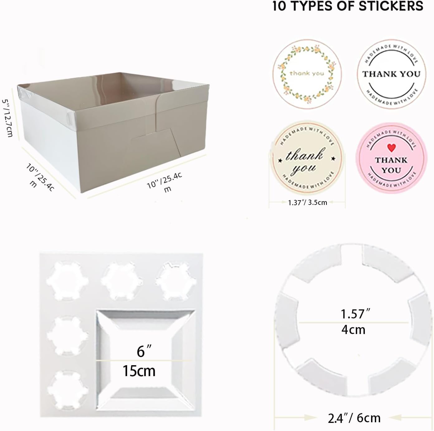 Bento Cake and Cupcake Box 10 sets 6-inch Cake and 5 Cupcakes Box Cake Box with Cupcake Insert Easy to Assemble Base for Family Birthday Party Mother's day (10 sets with cupcake), white