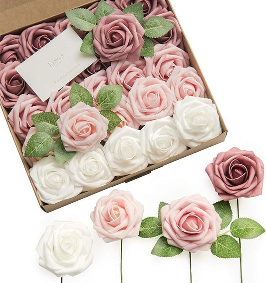 Ling's Moment Artificial Flowers, 25Pcs 3" Roses in Dusty Rose Shades, Realistic DIY Foam Floral Decor for Wedding Bouquets/Centerpieces, Outdoor Party Backdrops, Room/Table, and Garden/Pot Decoration