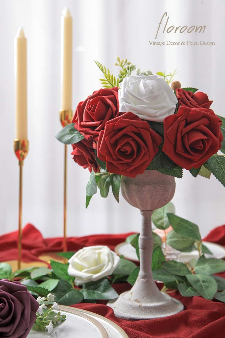 Floroom Artificial Flowers 25pcs Real Looking Dark Red Foam Fake Roses with Stems for DIY Wedding Bouquets Bridal Shower Centerpieces Party Decorations