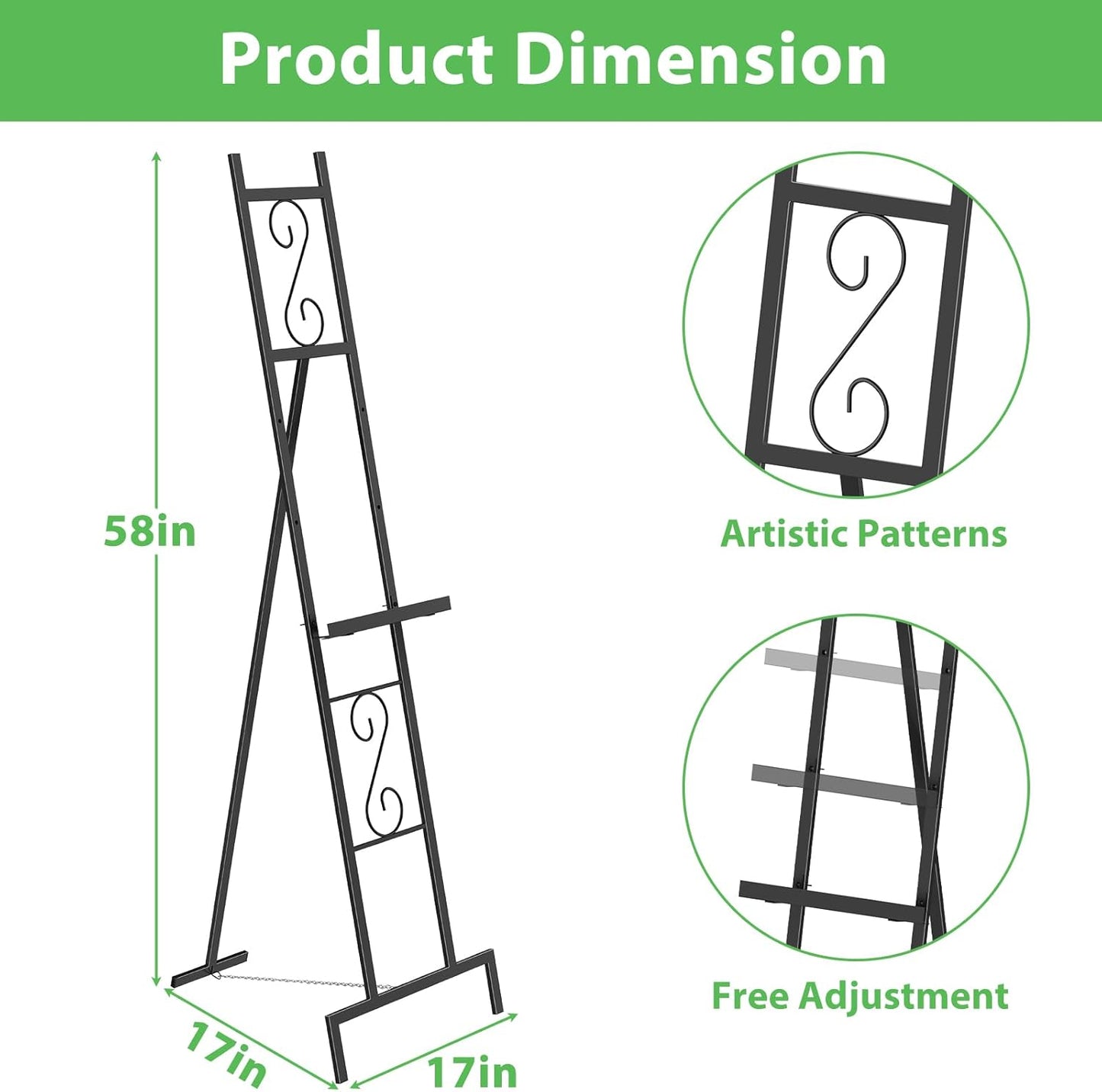 Skcoipsra 58IN Black Easel Stand for Sign, 3 Tier Adjustable Larger Wedding Welcome Sign Holder, Art Poster Display Stand Free Standing with Chain, 17x17x58 Inch
