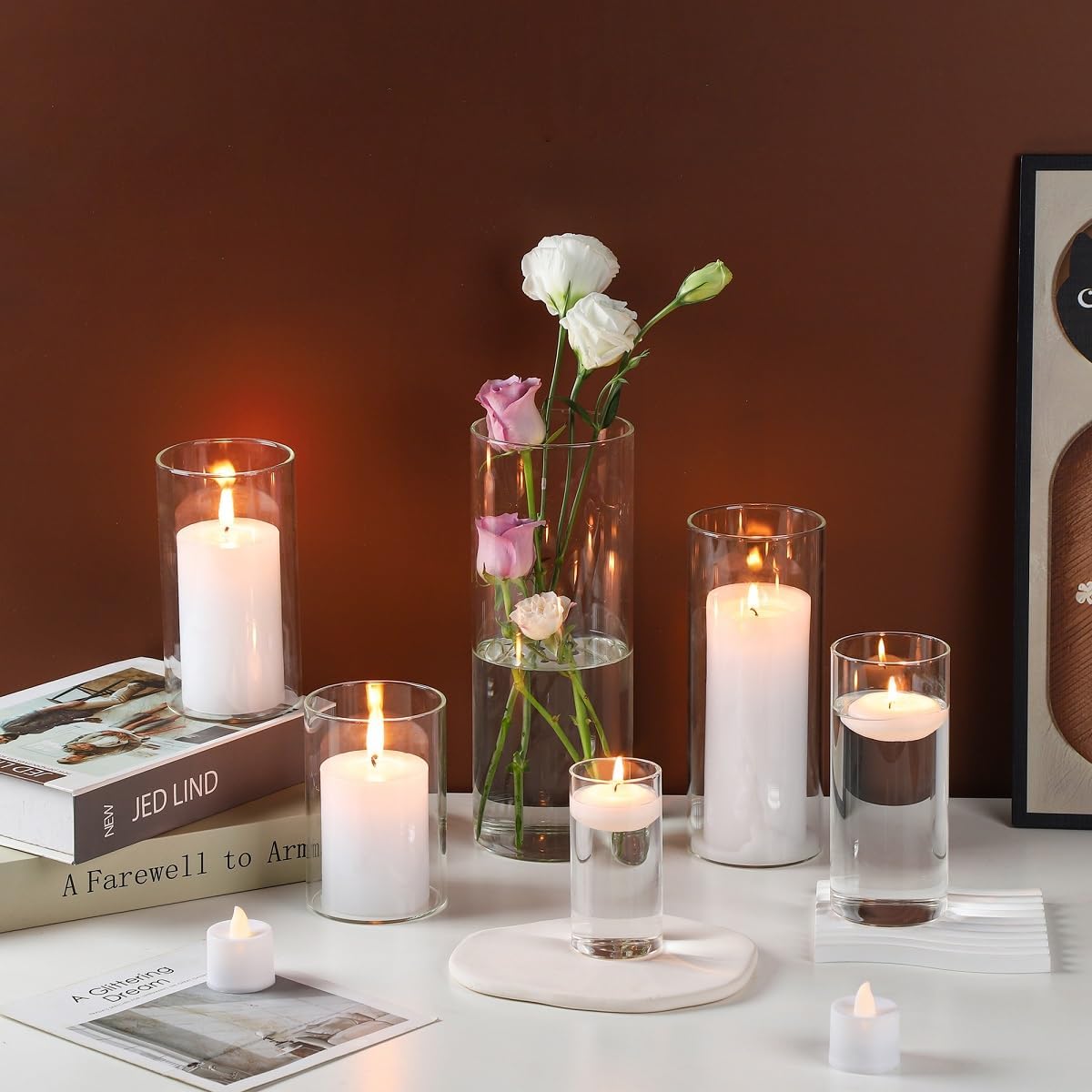 UDU Set of 16 Cylinder Glass Vases and 24 Pcs Floating Candles for Centerpiece, 4,6,8,10 Inch Tall Clear Hurricane Candle Holder Glass Vases for Centerpiece Table Wedding Home Decor