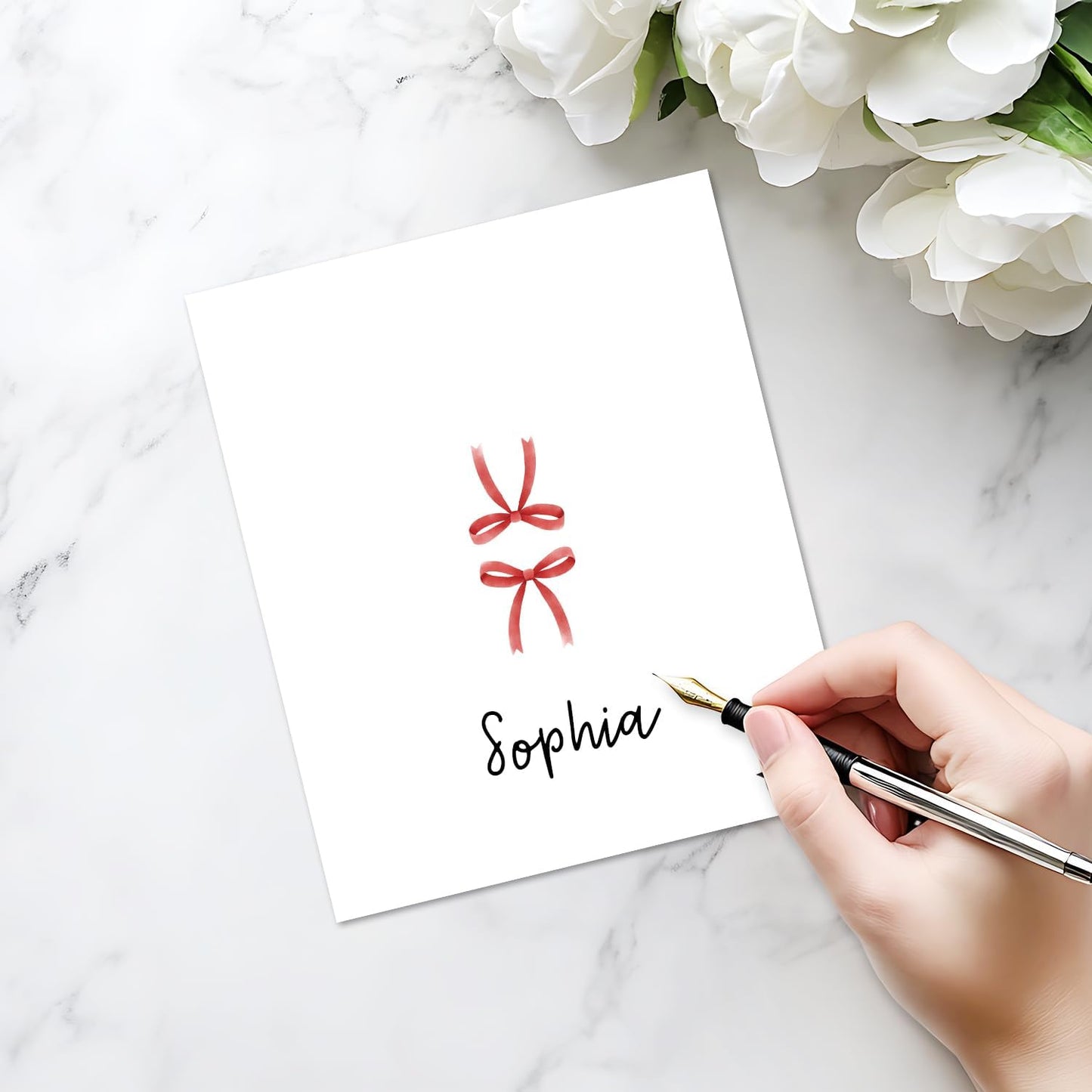 25 Pack Red Bow Place Cards, Editable Name Cards for Table Setting, Cute Tent Cards Food Label for Dinner Party, Bridal Shower, Wedding, Baby Shower and Events -T33