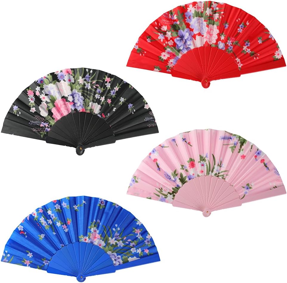 HUNANBANG 4 Pcs Oriental Flowers Japanese Folding Hand Fans Spanish Church Wedding Vintage Gift, Party Favors, DIY Decoration retro Gift Size 8 1/4" Wholesale (4pack)