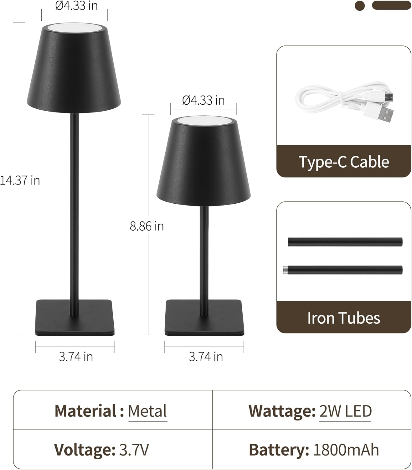 UME 3 Pack Cordless Table Lamp, Battery Operated Lamp - Portable Waterproof Rechargeable Table Lamp w/ 3 Color Temps & Stepless Dimming for Dinner, Desk, Cafe, Outdoor (Black)