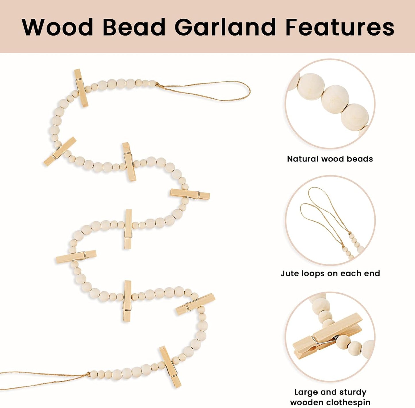 Hanging Photo Display Wall Decor, Boho Wooden Bead Garland Collage Picture Frame with 9 Wood Clips for Bedroom, Living Room, Office, Dorm Decor, Photos Holder Christmas Cards Teen Girl Gifts