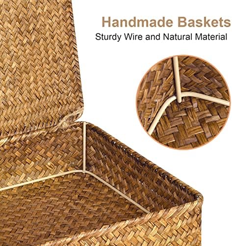 Set of 2 Flat Seagrass Storage Bins with Lid Wicker Storage Baskets for Organizing, Woven Shelf Organizer Bins Home Utility Organizer Box for Home & Office Supplies (Caramel) - Image 2