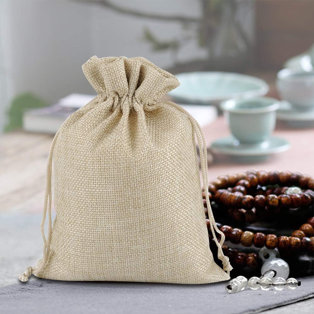 Lucky Monet 25/50/100PCS Burlap Gift Bags Wedding Hessian Jute Bags Linen Jewelry Pouches with Drawstring for Birthday, Party, Wedding Favors, Present, Art and DIY Craft (25Pcs, Cream, 5” x 7”)