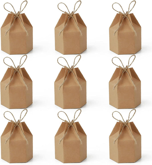 Zontween 50 Pack Hexagon Paper Box With Twines Kraft Paper Hexagon Boxes With Twice Candy Favor Present Boxes For Wedding Birthday Brown
