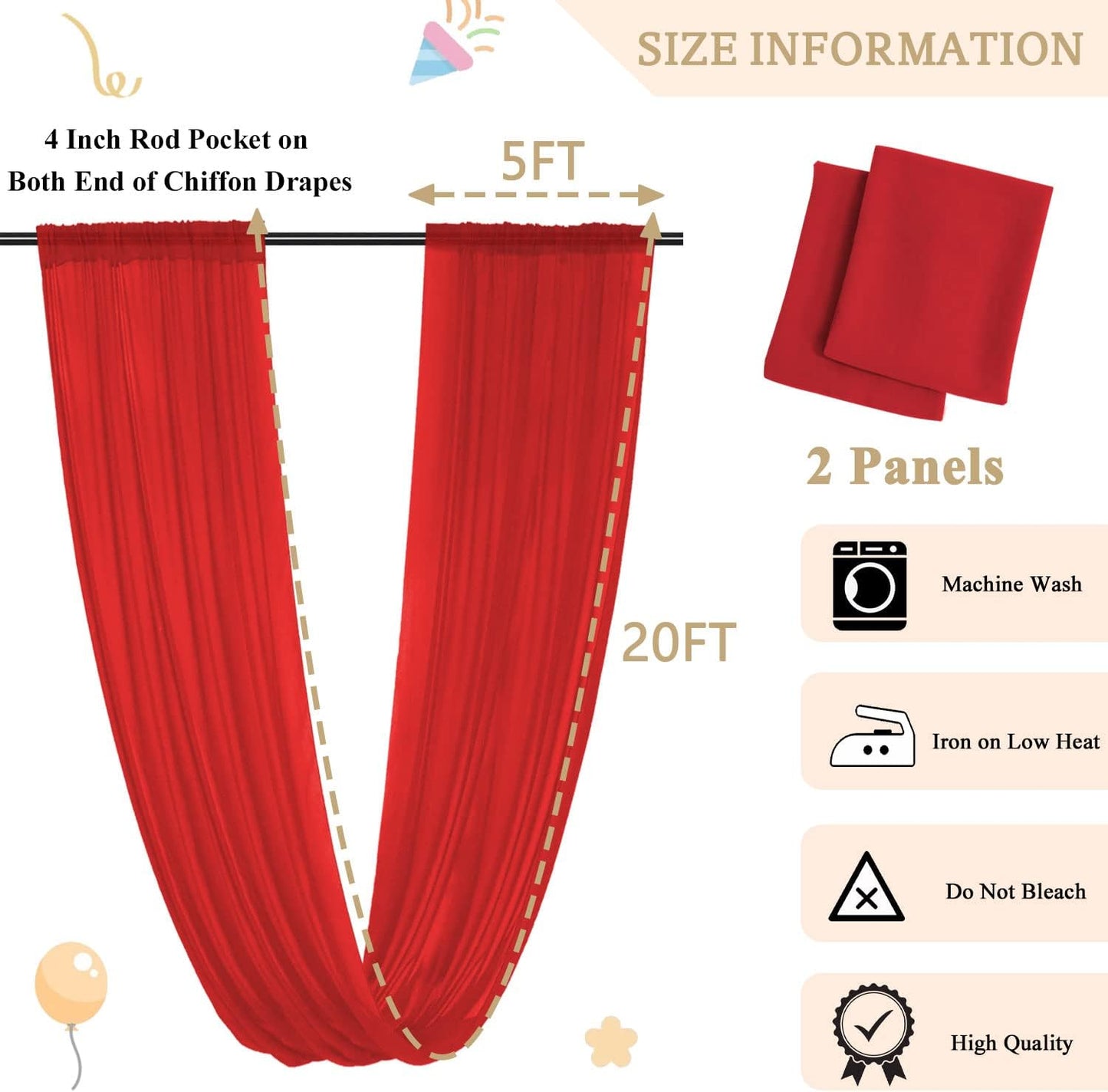 MODFUNS Red Ceiling Drapes for Parties Wedding Ceiling Drapery 2 Panels 5x20FT Chiffon Curtain for Backdrop Wedding Arch Draping Fabric for Ceremony Arbor Ceiling Curtains for Hall Stage Decorations