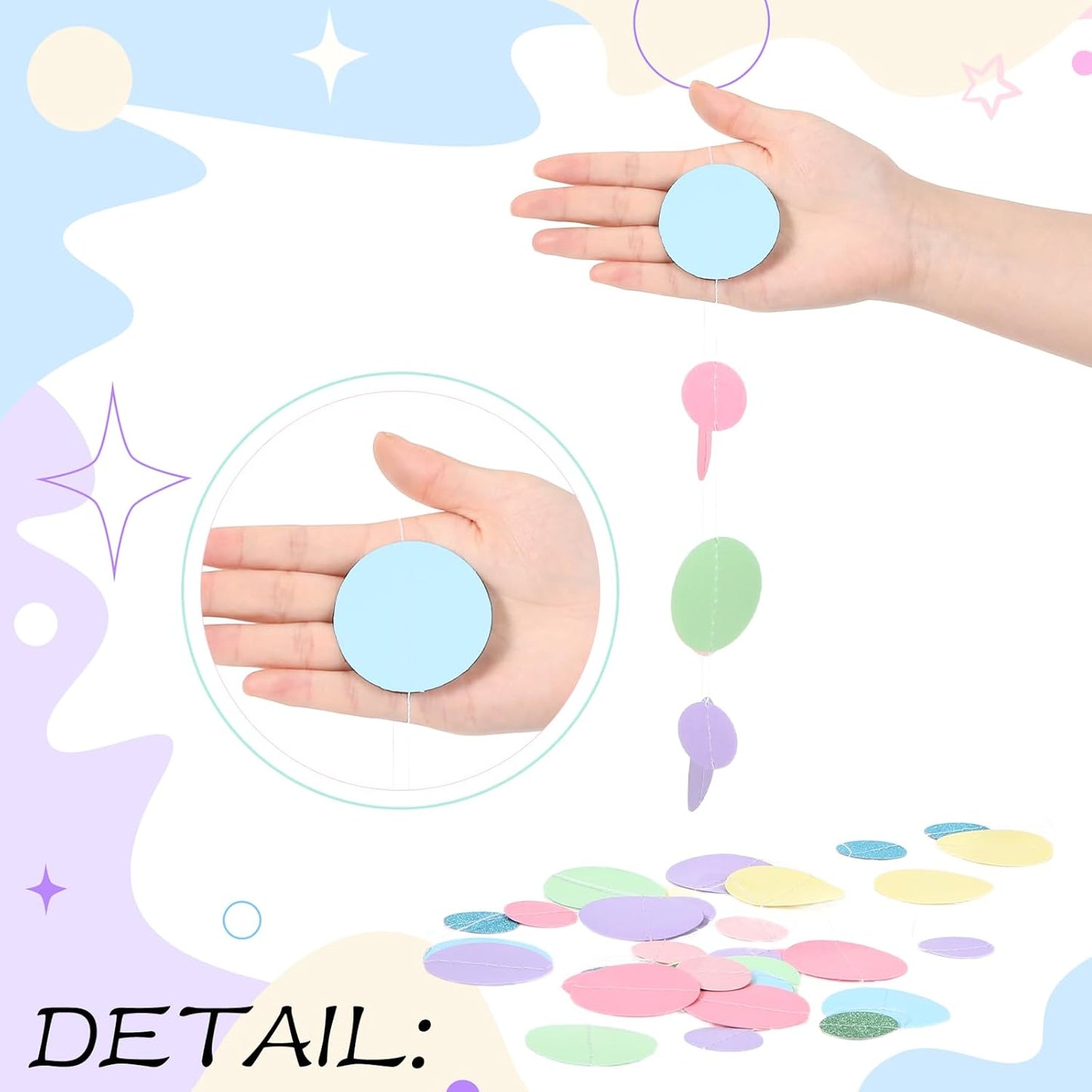 Outus 5 Pieces Colorful Dots Paper Garland Round Glitter Garland Hanging Confetti Streamers Backdrop for Candy Birthday Classroom Halloween Trunk or Treat Car Decoration (Pastel)