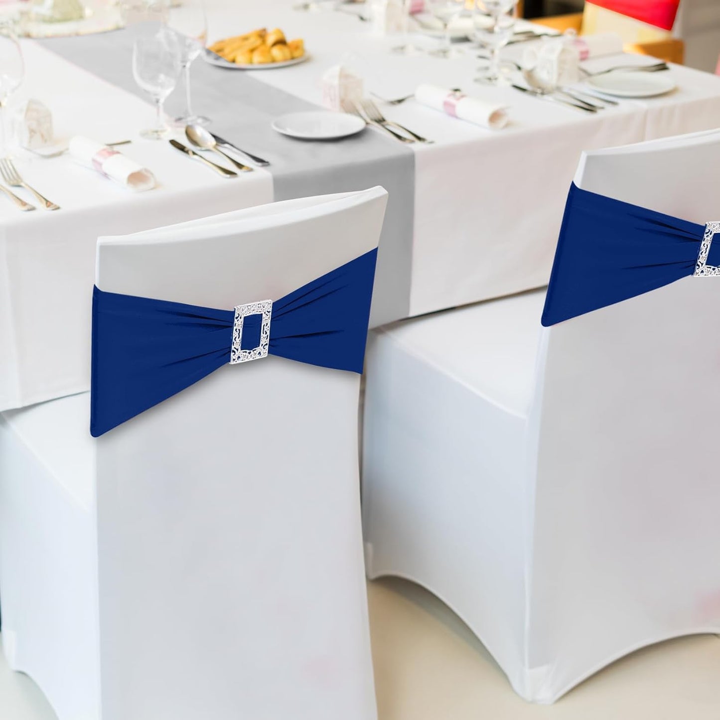 Joccun 120 PCS Spandex Chair Sashes Bows Stretch Chair Cover Band with Buckle Slider Universal Elastic Chair Ties for Wedding Banquet Party Event Decoration (Navy)