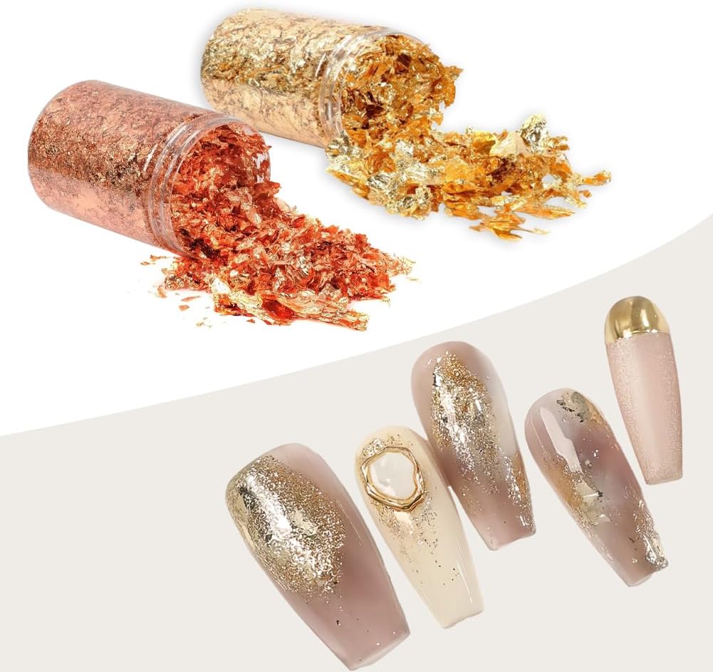 Joyzan Gold Flakes, Gold Foil Leaf Decoration Imitation Metallic Chocolates Baking Sheet Cake Decor Tweezers Resin Cooking Dessert Makeup Nail Art DIY Craft Jewelry Making Painting Slime 20g 2 Bottles