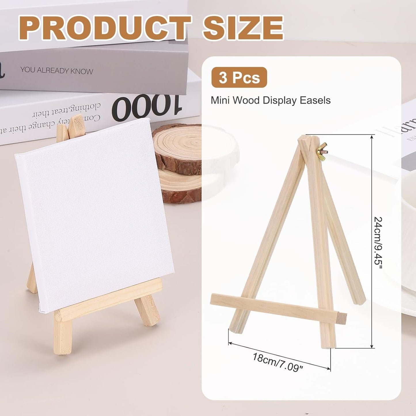 MECCANIXITY Mini Wood Display Easels, 9.4"x7.1"A-Frame Painting Tabletop Easels Holder Stand for Artists Beginners Displaying Small Canvases Art Photos Business Cards(Pack of 3, Wood Color)