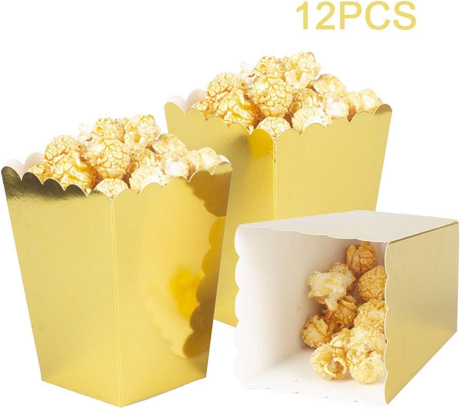 Gold Popcorn Boxes Mini Pack of 12, Paper Popcorn Container for Birthday Party, Graduation, Wedding, Carnival, Movie Night