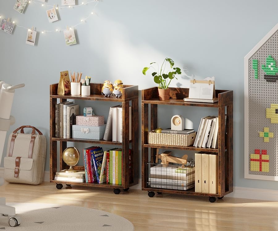 ALISENED 3-Tier Small Bookshelf with Wheels, Bedside Cart Library Cart - Image 2