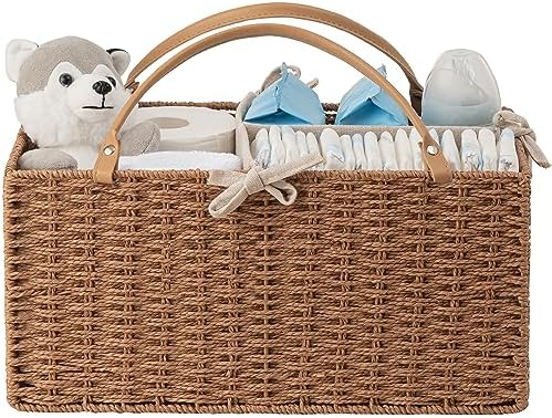HBlife Large Baby Diaper Caddy Organizer, Paper Rope Storage Baskets Nursery Bin with Removable Divider, Portable Car Organizer for Diapers, Baby Shower Gifts, Newborn Essentials Must Haves by HBlife