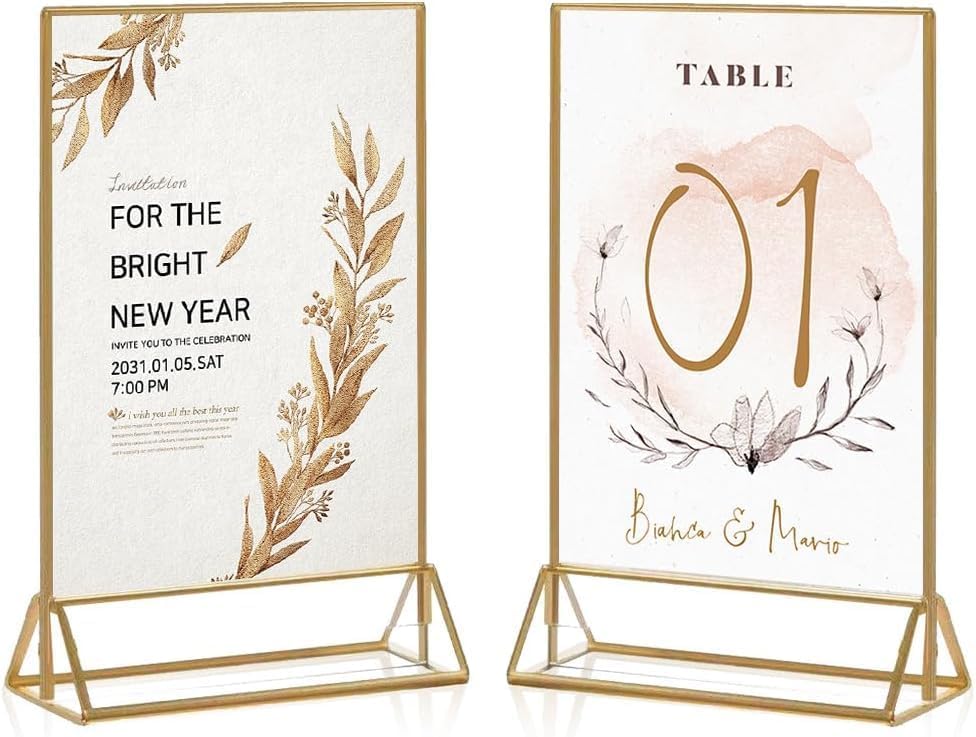 24 Pack Gold Acrylic Sign Holder, Picture Frames Wedding Double Sided Display Clear Sign Holders Stand Desktop Table Menu for Wedding Party Restaurant (5×7)