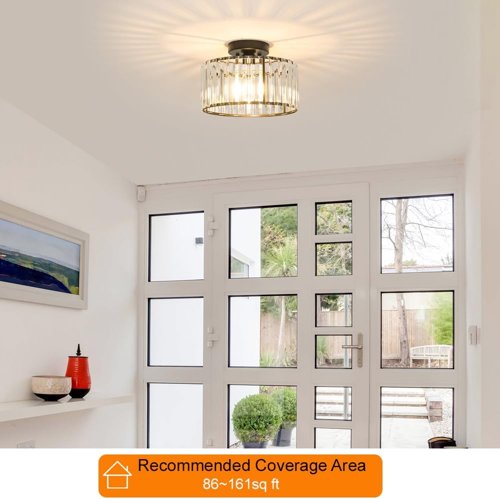 Crystal Ceiling Light Fixture, Modern Semi Flush Mount Ceiling Light, Black Close To Ceiling Light Fixtures, Crystal Chandelier Entryway Light, 11in Chandelier for Bedroom Porch Kitchen Living Room