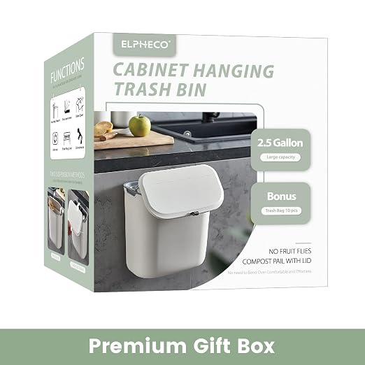 ELPHECO Compost Bin, 2.5 Gallon Hanging Trash Can with Lid, Kitchen Cabinet Door Under Sink Plastic Garbage Can Wall Mounted Slide Open, White - Image 3