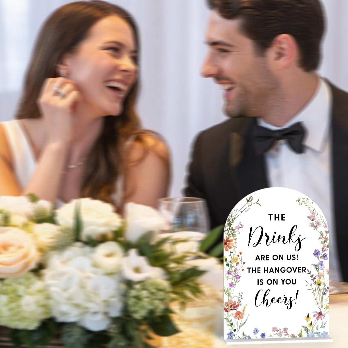 Acrylic Wedding Signs, The Drinks Signs for Marriage Reception, Bridal Shower Decorations, Modern Arched Round Top Acrylic Table Top Sign with Holder for Wedding Party Dinner (White Wildflowers)