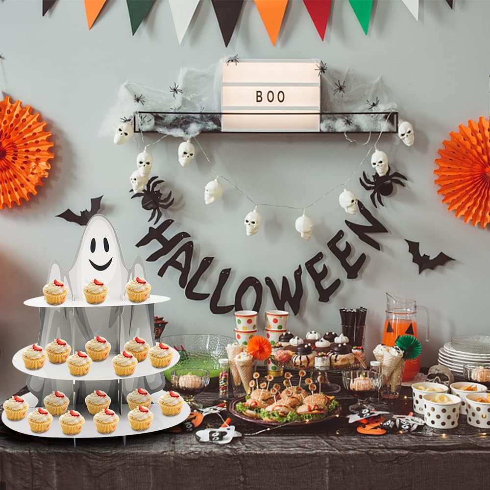 3-Tier Halloween Cupcake Stand Tower Halloween Castle Cake Stand Halloween Round Cardboard Dessert Tower Dessert Tree Tower for Halloween Party Supplies Dessert Serving Tray for Halloween Decorations