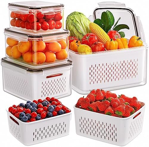 5-Pack Fruit Storage Containers for Fridge with Removable Colanders, 4 in 1 Produce Storage Containers with Lids, Leakproof Fridge Organizer Bins for Salad Berry Lettuce Vegetables Meat Keeper Fresh by HelpYouSaveMoreSpace