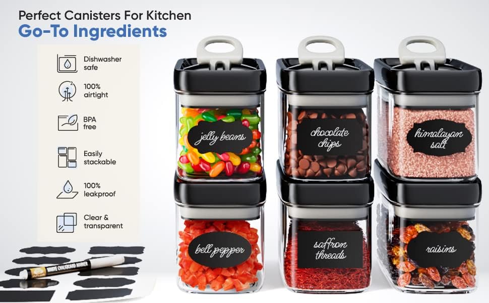 Chef's Path Airtight Food Storage Containers with Improved Lids, Set of 6, 1L Kitchen and Pantry Canisters for Coffee, Spices, and Dry Food, Includes Labels and Marker - Transparent, All Same Size - Image 2