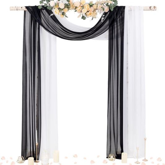 Socomi Wedding Arch Draping Fabric 29" x 20Ft 2 Panels Black and White Sheer Outdoor Curtain Drapes Extra Long for Bridal Baby Shower Birthday Party Decor