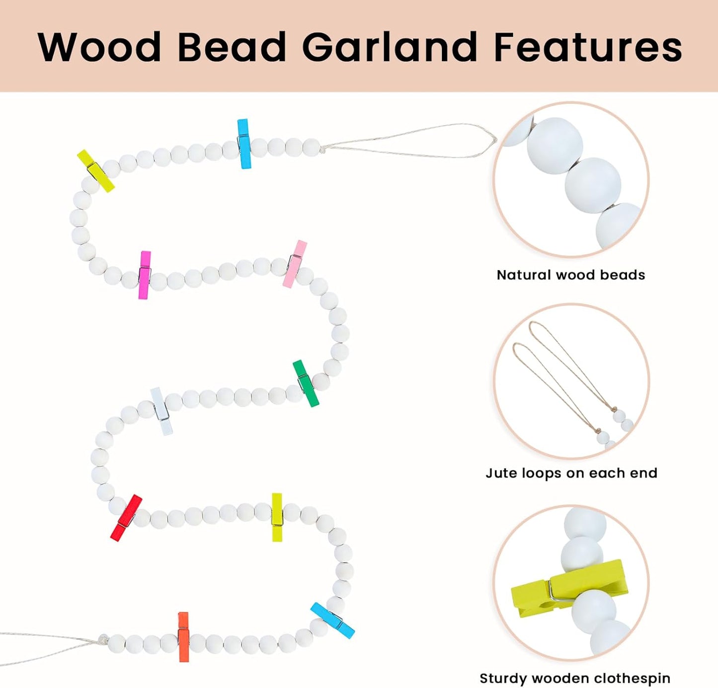 Hanging Photo Display with Clips, Boho Wooden Bead Garland Collage Picture Frame Wall Decor, Photo String with 10 Different Random Colors Wood Clips for Bedroom Room Decor, Christmas Teen Girls Gifts